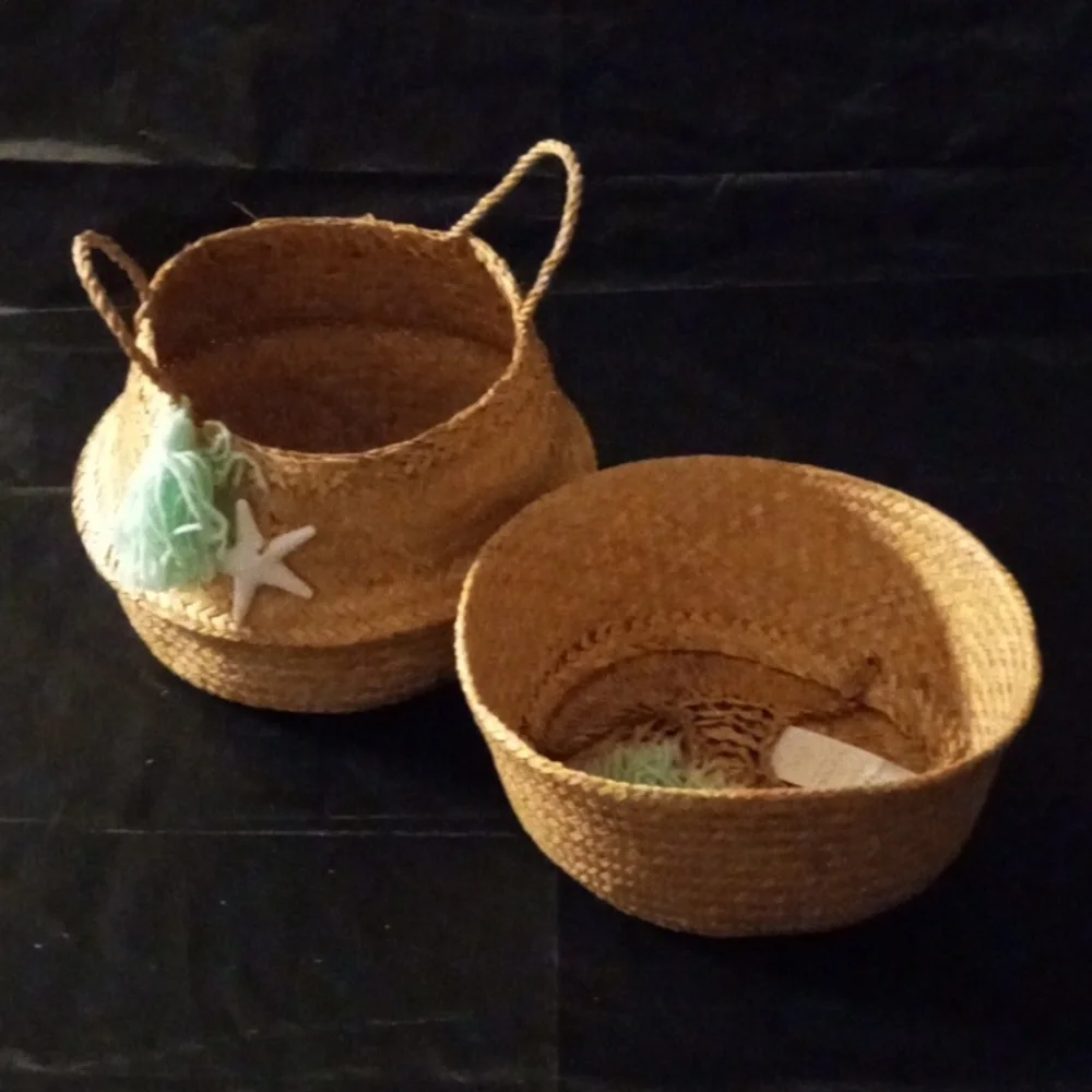 1 Only Woven Seagrass Pop Up Basket Teal Tassel Starfish